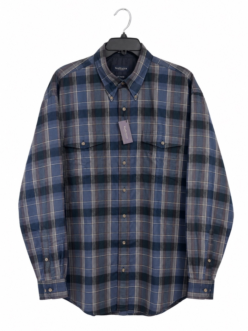 Van Heusen Plaid Button Down Shirt Mens Large Tall NWT Blue Gray Cotton